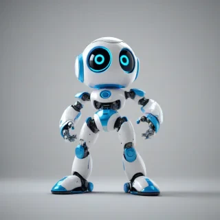 A cute, small, shiny, blue and white video game robot with a round body, big round eyes, and a smiling face, standing in a full-body view with its feet visible, on a plain white background, in a digital art style with bold lines and bright colors, with a wide-angle shot and soft lighting, on a plain white background, even lighting 