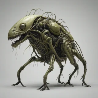 A detailed, full-body view of a unique, alien parasite, with a khaki color scheme, set against a plain white background, in a cyberpunk style, with a focus on neon accents and dark, metallic tones, and intricate, biomechanical details, with the parasite's body resembling a mix of organic and synthetic elements, and its texture appearing slimy and metallic at the same time, on a plain white background, even lighting