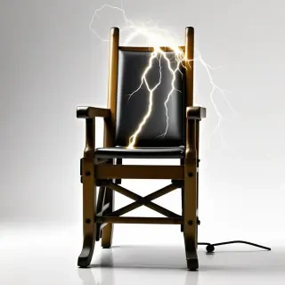 A old fashioned electric chair with lightning coming of of the metal parts