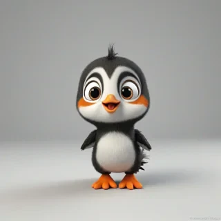 3d cartoon animation, mix of a baby puffin and a baby unicorn, bright and vivid colors, large eyes, short body, round features, tiny nose, tiny feet, cute, happy expression on its face, only one in the shot, full body visible, on a plain white background, even lighting