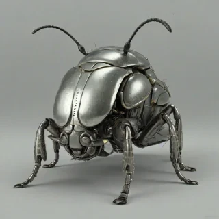 A gray, dieselpunk-themed insect, such as a beetle or a fly, with a full-body view, on a plain white background, with intricate, industrial details and a worn, metallic sheen, in a wide shot, with visible feet and antennae, and a sense of nostalgia and retro-futurism, in the style of a highly detailed, digital illustration, on a plain white background, even lighting