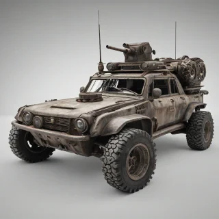 dieselpunk rover, full-body view, driving in a post-apocalyptic world, on a plain white background