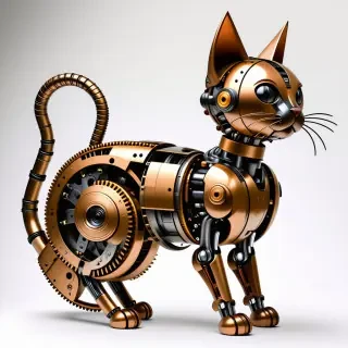 A mechanical cat made entirely out of copper metal gears and pipes