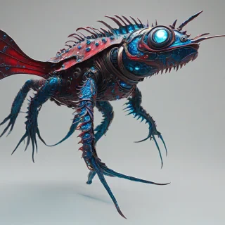 A vibrant red, industrial-style, underwater creature with metallic scales and glowing blue eyes, in a full-body view, with its entire body visible, on a plain white background, with a wide-angle shot, and dynamic shadows, in a digital art style, with a focus on intricate details and textures, on a plain white background, even lighting