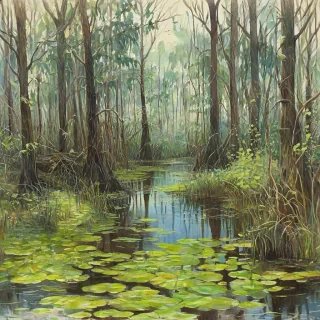 watercolor Impressionist art of a swamp