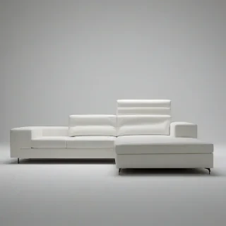 A modern, minimalist couch, on a plain white background, even lighting