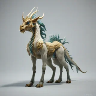A kirin creature on a plain white background, even lighting, with a simple and stylized design, on a plain white background, even lighting