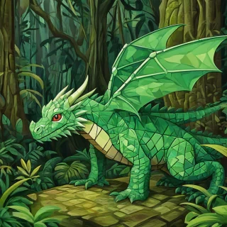 Cubism style of a small green dragon in a rainforest
