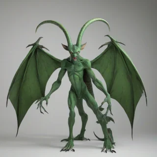 Big green monster with a long slender tail, and two big horns on it's head, and huge claws, and two bat like wings on it's back, on a plain white background, even lighting 