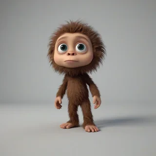 3d cartoon animation, cute baby sasquatch, big eyes, rounded features, short body, tiny nose, tiny feet, vivid colors, wide angle shot, feet visible,, on a plain white background, even lighting
