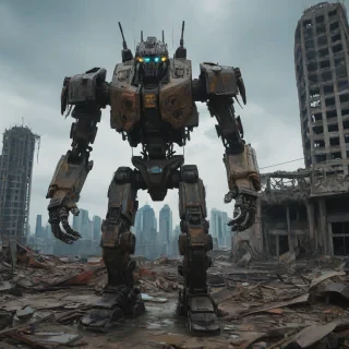 A post-apocalyptic mech with additional mechanical limbs and a prominent torso, with bright lighting, wide-angle shot, from the waist up, on a ruined cityscape background with a sunken skyscraper in the distance, emphasizing the mechanical features and overall size of the mech.