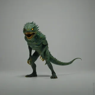A full-body view of a mutant, with green scaly skin, sharp teeth, and glowing yellow eyes, standing on a plain white background, in a wide shot, with a cinematic, high-contrast lighting, and a slight film grain effect, in the style of a digital painting, on a plain white background, even lighting 
