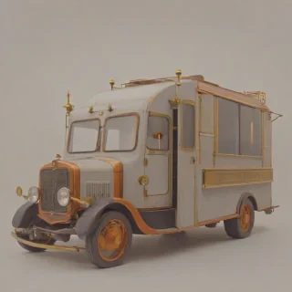 A vintage, orange, dieselpunk-themed food truck, with brass accents and a steam-powered engine, in a wide shot with the entire truck visible, including the wheels and exhaust pipe, on a plain white background, with a warm, golden lighting and a subtle, dynamic shadow effect, on a plain white background, even lighting