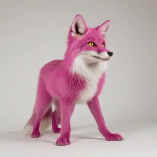 A photorealistic, full-body view of a magenta-colored fox, with a thick, fluffy coat and piercing yellow eyes, set against a plain white background, with soft, natural lighting and subtle shadows, in a wide-angle shot, with its feet visible