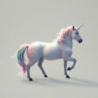 A wide shot, full-body view, of a unicorn, looking down on it from directly above, with a plain white background, in a digital art style with vibrant colors and dynamic shadows, and a sense of magic in the air