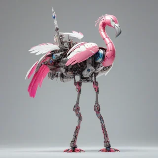 A flamingo mecha, full-body view, standing on a plain white background, with bright pink and white metal feathers, glowing blue eyes, and a powerful rocket propulsion system, in a wide shot, with detailed mechanical legs and sharp metal beak, digital art style, high level of detail, photorealistic, on a plain white background, even lighting 