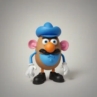 A full-body view of Mr. Potato Head wearing a blue bowler's cap, googly eyes, a mustache, a smile, ears, on a plain white background, in a cartoonish style, with a wide-angle shot and dynamic shadows, on a plain white background, even lighting