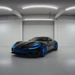 A sleek, black, full-body view of a sports car with glowing blue headlights, set in a perking garage , in a wide shot with the car's wheels and underside visible, with a glossy finish and a sense of speed, in a digital art style with bold lines and vibrant colors