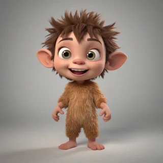A cartoon style cute baby cave person with a smile, wearing an animal pelt, in 3D animation style, full-body view, with bright and vibrant colors, standing on a plain white background, with a wide-angle shot, and dynamic lighting, featuring a small, rounded body, large eyes, and a tiny nose, with a happy and playful expression, on a plain white background, even lighting,, on a plain white background, even lighting 