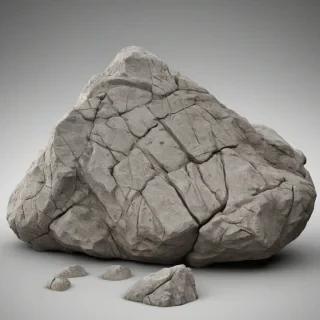 A highly detailed, realistic rock model for a game asset, with intricate textures and patterns, in a full-body view, on a plain white background, with a wide shot, and dynamic shadows, in the style of a 3D render, with a focus on realism and high-poly details, including cracks, crevices, and uneven surfaces, on a plain white background, even lighting 
