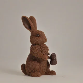 A full-body view of a cute, brown, fluffy pet rabbit made entirely of chocolate, with a wide shot on a plain white background, in a realistic photography style, with soft natural light and subtle shadows, and a shallow depth of field to blur the background, featuring the chocolate rabbit sitting on its hind legs and holding a small industrial-style gear in its front paws, on a plain white background, even lighting
