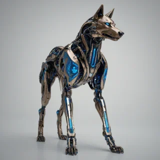 A bronze, full-body, wide shot view of a futuristic, biopunk-inspired, cybernetic wolf with glowing blue circuits and metallic limbs, set against a plain white background, in a digital art style with high contrast and dynamic shadows, on a plain white background, even lighting 