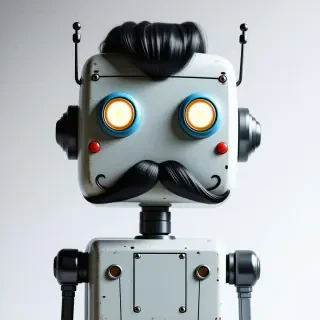 A robot with large lightbulb eyes and and a hair comb mustache