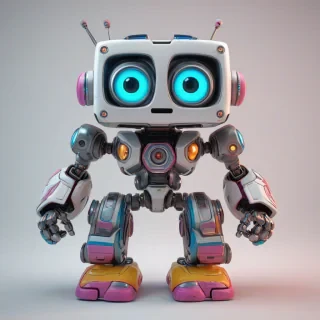 A cute, video game robot with a stumpy body, big eyes, and a cubic face, standing in a full-body view with its feet visible, on a plain white background, in a comic book art style with bold neon lines and bright colors, with a wide-angle shot and bright lighting, on a plain white background, even lighting 