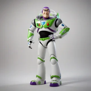 Buzz Lightyear, full-body view, standing on a plain white background, with a confident expression, wearing his iconic white and silver space ranger suit, with his laser blaster at his side, with his clear dome head cover in a wide shot, with dynamic shadows and a backlight, in the style of a 3D animation