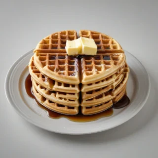 single plate of three vertically stacked belgian waffles, with syrup running down over the waffles, and a pat of butter on the very top, on a plain white background, even lighting