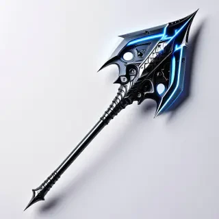 Futuristic halberd with an oversized mechanical edge and metallic spike, industrial-inspired design, metallic surface with a neon blue glow, intricate mechanical details and engravings, full-body view, wide shot, on a plain white background, digital art style, high contrast, dynamic lighting, sharp focus