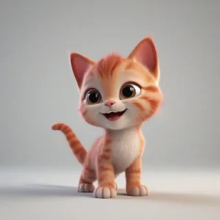A cartoon style red cute baby kitten with fish tail and fins with a smile, in 3D animation style, full-body view, with bright and vibrant colors, standing on a plain white background, with a wide-angle shot, and dynamic lighting, featuring a small, rounded body, large eyes, and a tiny nose, with a happy and playful expression, on a plain white background, even lighting,,, on a plain white background, even lighting 