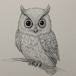 Cartoon with anime influence drawing of an owl, on a plain white background, even lighting