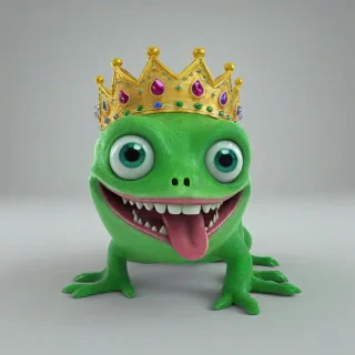 3d animated emerald colored, small eye, large mouth creature, wearing a crown, vivid colors, bright lighting, mystical appearance, with a happy expression on its face,, on a plain white background, even lighting