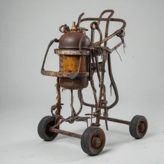 A distressed, worn looking metal dolly with a propane tank strapped to it, full-body view, on a plain white background, with a close-up shot of the rusty metal and frayed straps, in a post apocalyptic style, full body visible, on a plain white background, even lighting