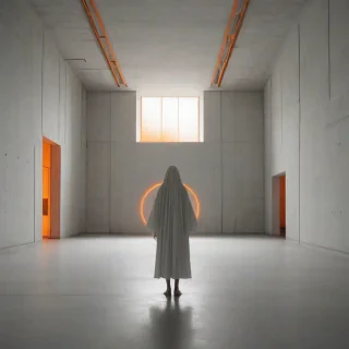 A ghost, illuminated by a faint, eerie orange glow, standing in the center of a brutalist architecture-inspired room with concrete walls and a minimalist aesthetic, full-body view, wide shot, feet visible, on a plain white background, digital art style, high contrast, dynamic shadows, on a plain white background, even lighting