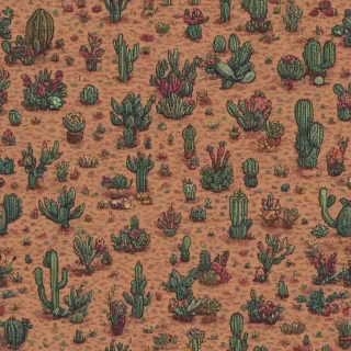various shrubs, cacti, rocks, and things you would find on the Colorado Plateau, like near Moab, UT. High desert flora and obscura 8-bit retro pixelated, single pixel art asset