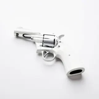 A sleek, modern, white handgun with a silver trigger, resting on a plain white background, in a wide shot with the entire object visible, utilizing a minimalist style and incorporating elements of modernism, with clean lines and a focus on functionality, under soft, even lighting