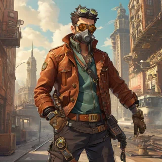 A full-body view of an anime man, Salmon, in a Dieselpunk setting, wearing a pair of goggles on his forehead, a brown leather jacket with brass buttons, and holding a intricately designed, steam-powered device, with a cityscape in the background, on a plain white background, digital art style, vibrant colors, dynamic lighting, wide-angle shot, on a plain white background, even lighting