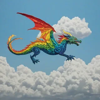 Paper cutout art of a rainbow dragon flying in the blue sky