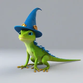3d cartoon animation, baby green lizard, wearing a sorcerer's hat, with short body, rounded fearures, big eyes, vivid colors, on a plain white background, even lighting
