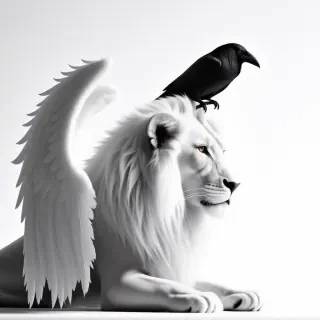 A white lion with white angel wings on its back. There is a black crow sitting on top of the lion's head, tuning its head to the side