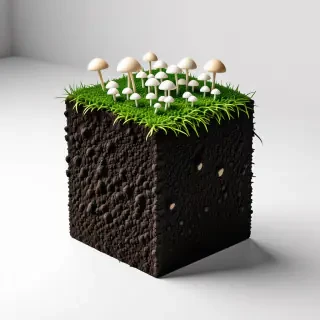 A cube of dirt with a layer of green grass on the top. Growing out of the grass are many small white mushrooms