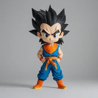 Chibi Dragon Ball style character, feet visible, standing on a plain white background with even lighting