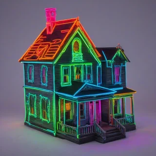different neon colored, haunted house, wide angle shot, full house visible, nothing else in the image, on a plain white background, even lighting