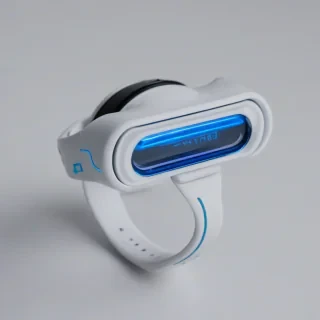 A futuristic, sleek, and minimalist wearable gadget, Azure, with a metallic blue finish, neon accents, and a subtle vaporwave aesthetic, in a wide shot, with the gadget centered on a plain white background, incorporating elements of 80s and 90s retrofuturism, with a soft, dreamy lighting effect, and a shallow depth of field to emphasize the gadget's design
