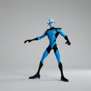 A 3D animation style of megamind, full-body view, wide shot, with a blue and black costume, standing on a plain white background, with dynamic shadows and a slight backlight, in the style of a superhero cartoon, with bold lines and vibrant colors, on a plain white background, even lighting