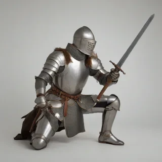 knight kneeling on one knee, arms outstretched offering a sword, full-body view, plain white background, medieval style, on a plain white background, even lighting 