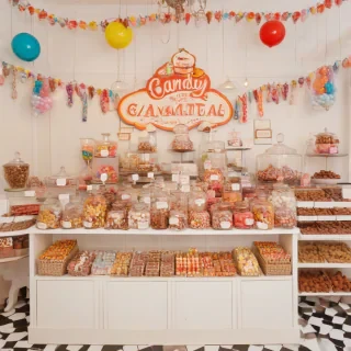 A vintage candy store with a wide variety of colorful sweets and treats, including jars of gummies, bins of chocolates, and trays of handmade caramels, set against a plain white background, in a full-body view, with a warm and inviting atmosphere, reminiscent of the early 20th century, with a style inspired by classic illustrations, and a lighting that is soft and golden, with a shallow depth of field to emphasize the candy