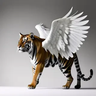 Tiger with white bird wings, with one wing fully extended